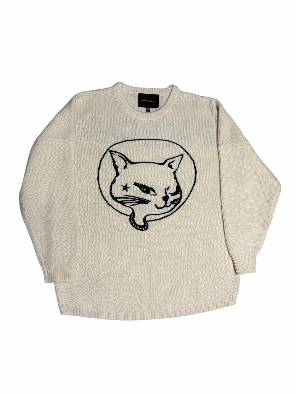 Spirit Jersey Space Cadet Cat Graphic Knit Sweater Cream NWT Small Oversized